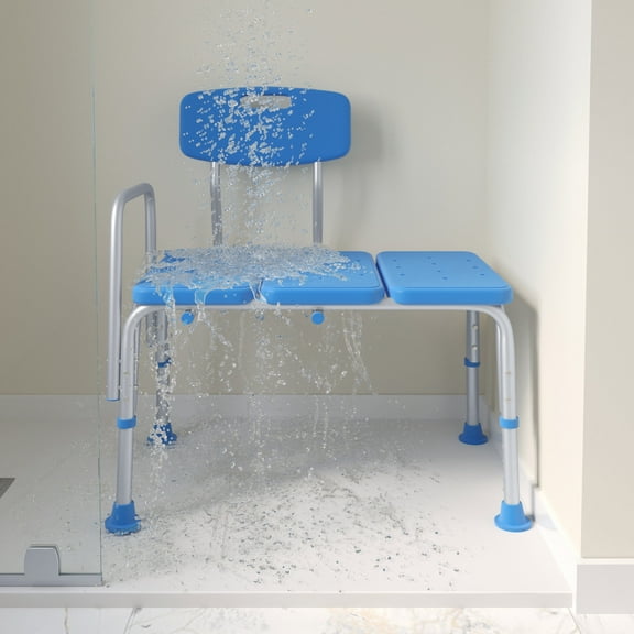 Emma + Oliver Bath and Shower Transfer Bench with Height Adjustable Frame, Side Arm for Balance, Back Support, 300 lbs. Static Weight Capacity - Blue