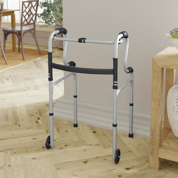 Emma + Oliver Bi-Level Foldable Walker with Height Adjustable, Lightweight, Dual-Type Frame and Interchangeable Front Wheels or Rubber-Gripped Feet - Gray
