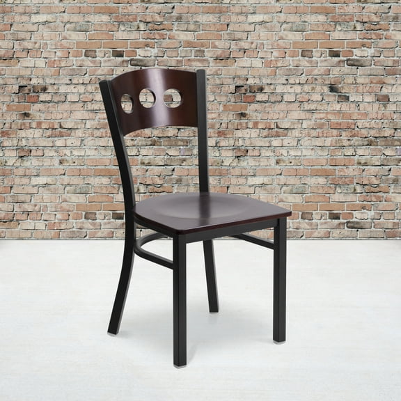 Emma + Oliver Black 3 Circle Back Metal Dining Chair - Walnut Wood Back & Seat