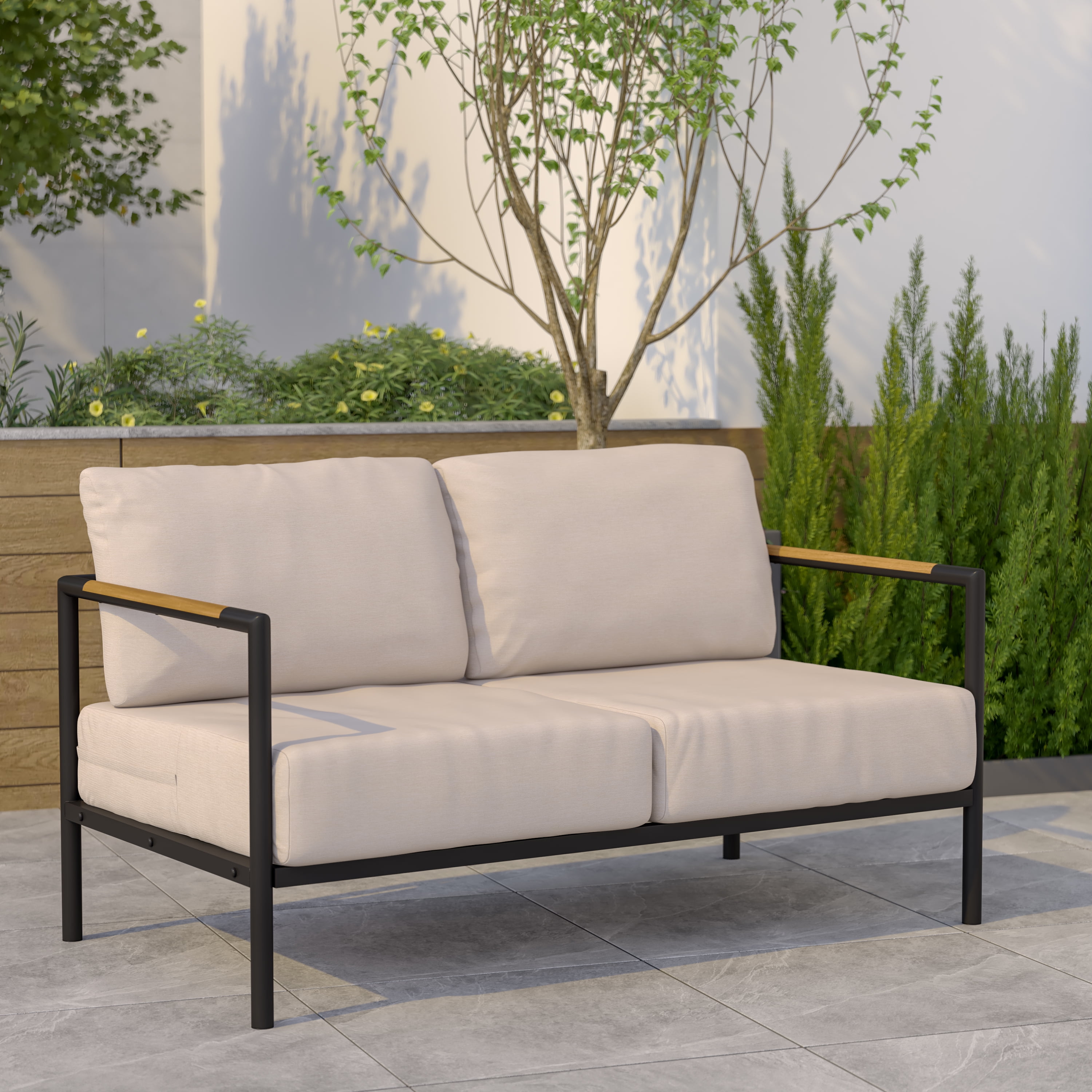 Beige Cushioned Loveseat with Black Steel Frame and Teak Accents
