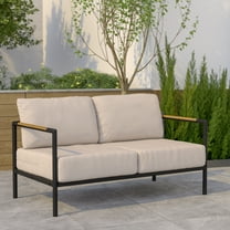 Emma   Oliver Black Aluminum Frame Loveseat with Teak Arm Accents and Beige Cushions