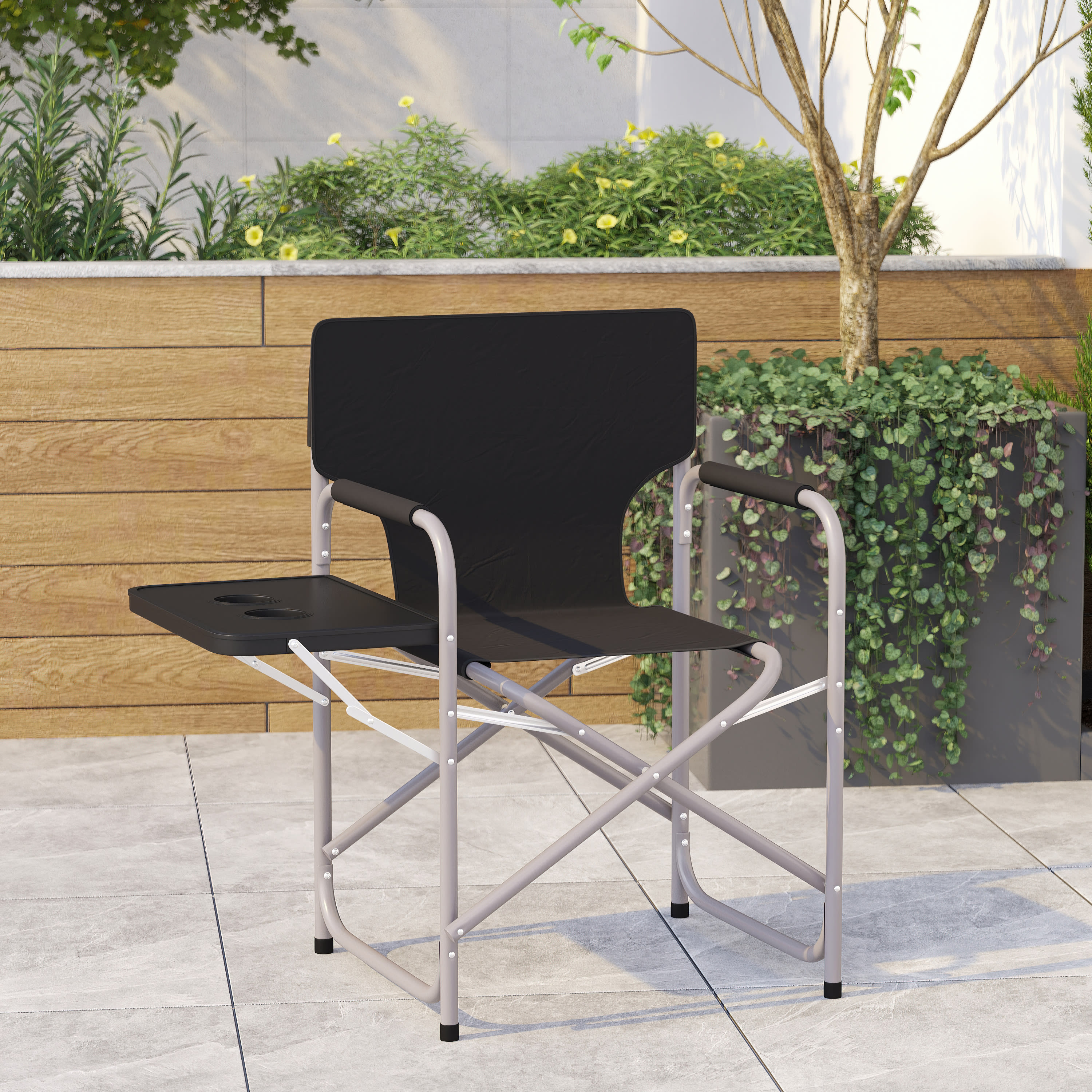 Emma + Oliver Black Canvas Folding Director's Chair with Gray Steel Tube Frame-Integrated Folding Side Table with Cupholders - image 1 of 12