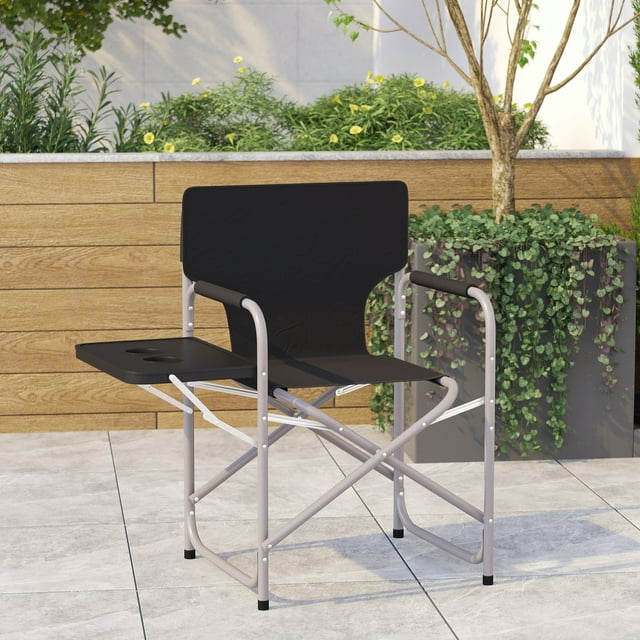 Emma + Oliver Black Canvas Folding Director's Chair with Gray Steel Tube Frame-Integrated Folding Side Table with Cupholders