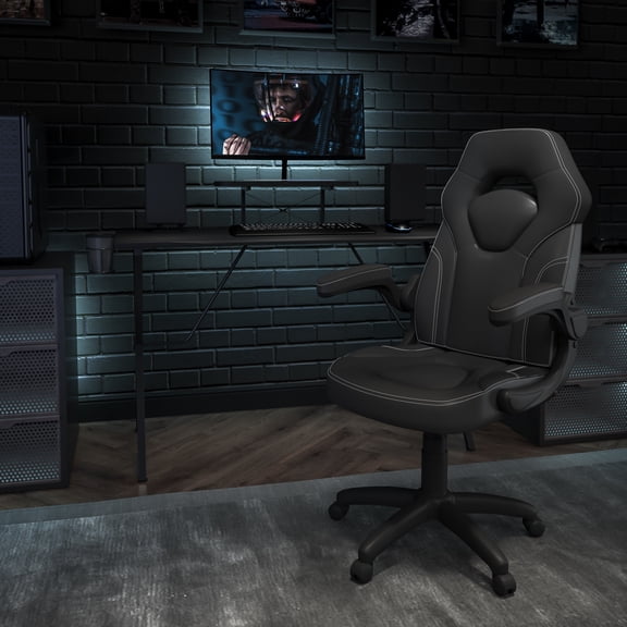 Emma + Oliver Black Gaming Desk & Chair Set with Cup Holder, Headphone Hook, and Monitor Stand