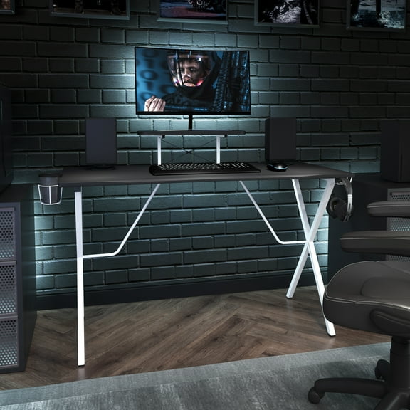 Emma + Oliver Black Gaming Desk and White Frame with Cup Holder, Headphone Hook, and Monitor/Smartphone Stand