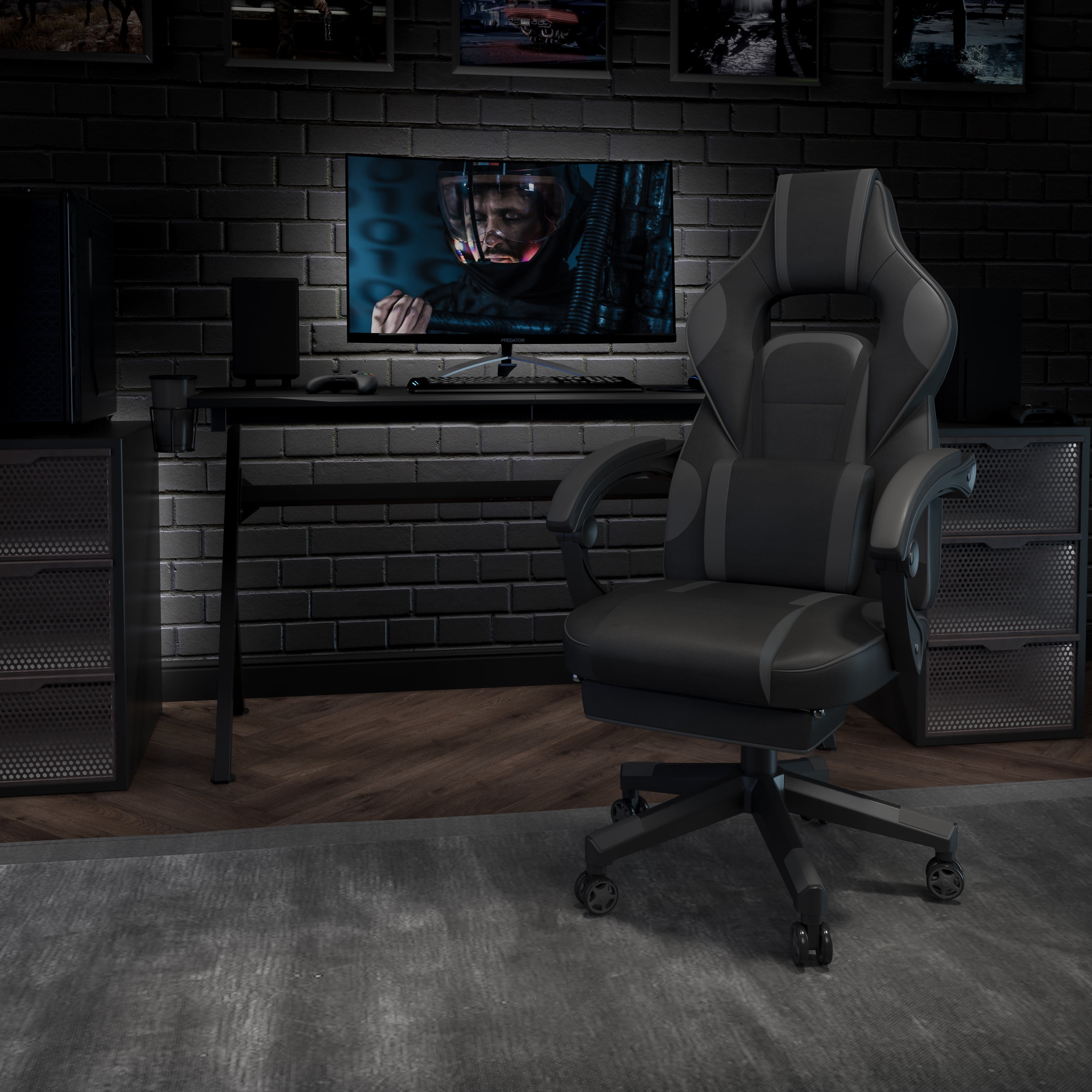 Emma + Oliver Black/Gray Ergonomic Gaming Chair -Recline Back/Arms, Footrest, Massaging Lumbar