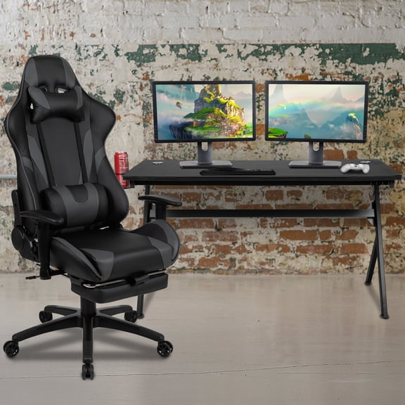 Emma + Oliver Black/Gray Gaming Desk Bundle - Cup/Headset Holder/Mouse Pad Top