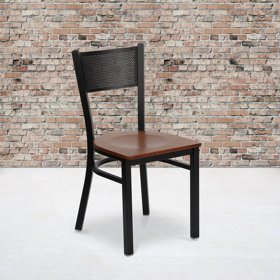 Emma + Oliver Black Grid Back Metal Restaurant Chair - Cherry Wood Seat