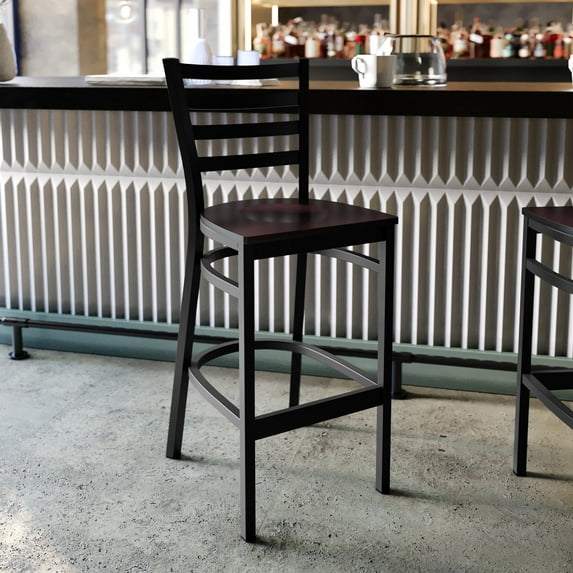 Emma + Oliver Black Ladder Back Metal Restaurant Barstool - Walnut Wood Seat