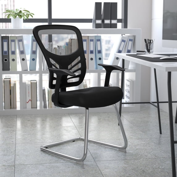Emma + Oliver Black Mesh Side Reception Chair with Chrome Sled Base - Conference Room Chair