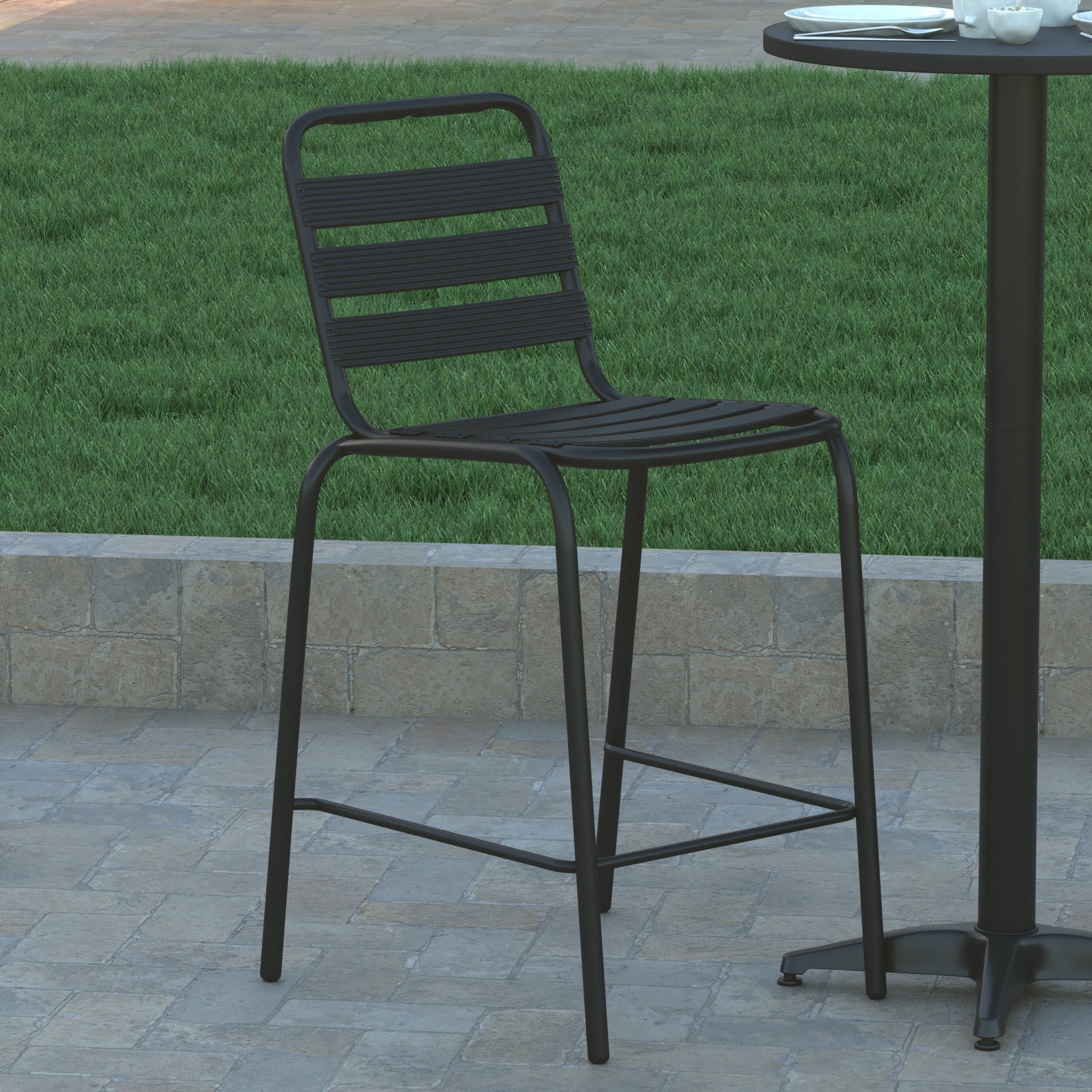 Emma + Oliver Black Metal Bar Height Stool with Triple Slatted Back for Indoor and Outdoor Use