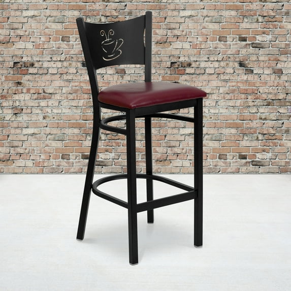 Emma + Oliver Black Metal Coffee Back Barstool, Burgundy Vinyl Seat