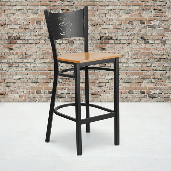 Emma + Oliver Metal Coffee Back Barstool with Natural Wood Seat, Black