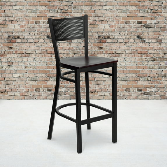 Emma + Oliver Black Metal Grid Back Barstool, Mahogany Wood Seat