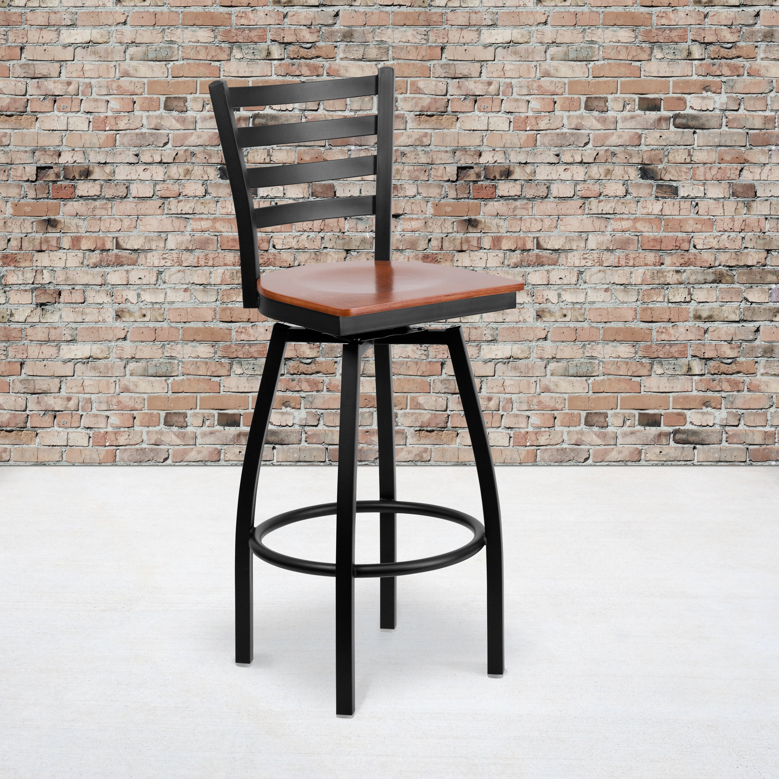 Emma Oliver Black Metal Ladder Back Swivel Barstool Cherry Wood