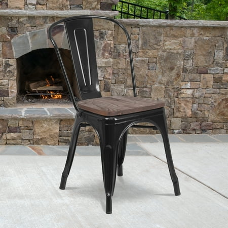 Emma + Oliver Black Metal Stackable Chair with Wood Seat