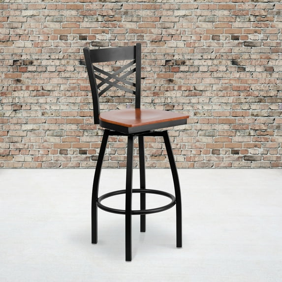 Emma + Oliver Black Metal "X" Back Swivel Barstool, Cherry Wood Seat