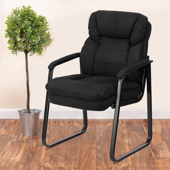 Emma + Oliver Black Microfiber Side Chair with Lumbar Support and Sled Base