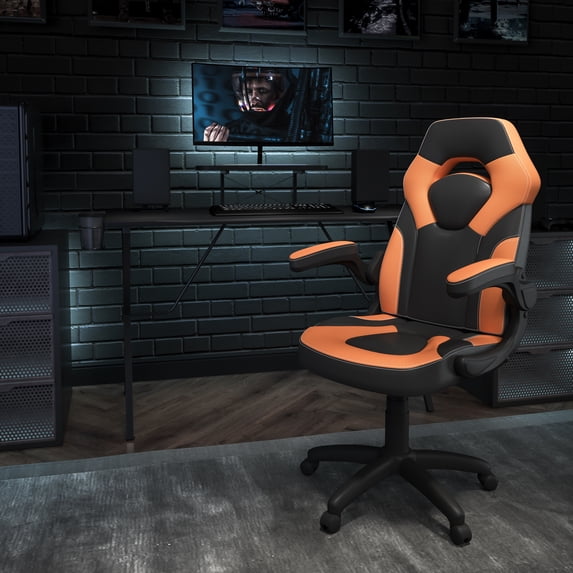 Emma + Oliver Black/Orange Gaming Desk Set with Cup Holder, Headphone Hook, and Monitor Stand