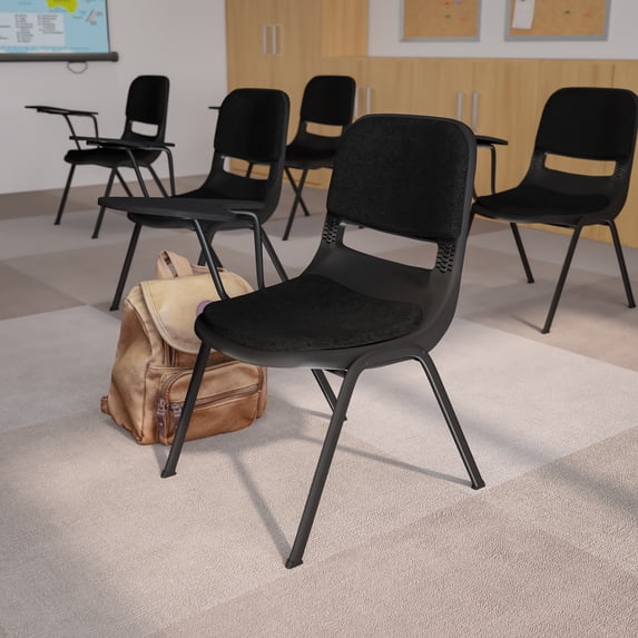 Emma + Oliver Black Padded Ergonomic Shell Chair with Left Handed Flip-Up Tablet Arm Desk
