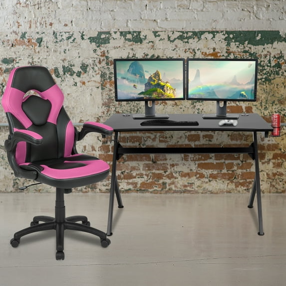 Emma + Oliver Black/Pink Gaming Desk Bundle - Cup/Headphone Holder, Wire Management
