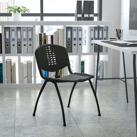 Emma + Oliver Black Plastic Office Side Stack Chair with Oval Cutout Back