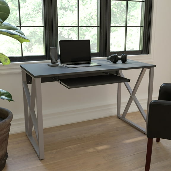Emma + Oliver Black Pull-Out Keyboard Computer Desk with Cross-Brace Frame