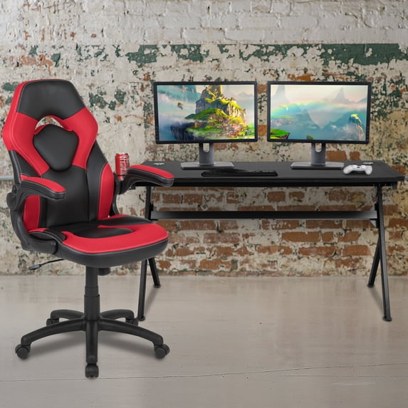 Emma + Oliver Black/Red Gaming Desk Bundle - Cup & Headphone Holders/Mouse Pad Top