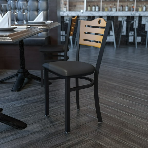 Emma + Oliver Black Slat Back Metal Dining Chair/Natural Back, Black Vinyl Seat