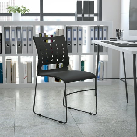 Emma + Oliver Black Sled Base Stack Chair with Carry Handle and Air-Vent Back