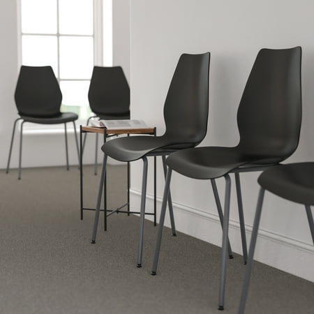 Emma + Oliver Black Stack Chair with Lumbar Support and Silver Frame