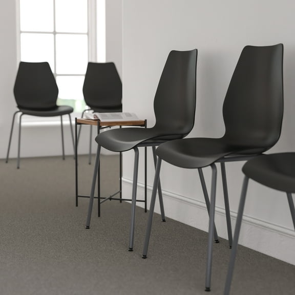 Emma + Oliver Black Stack Chair with Lumbar Support and Silver Frame