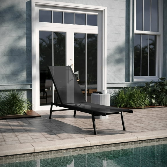 Emma + Oliver Black Textilene Adjustable 5 Position Patio Chaise Lounge and Black Metal Frame