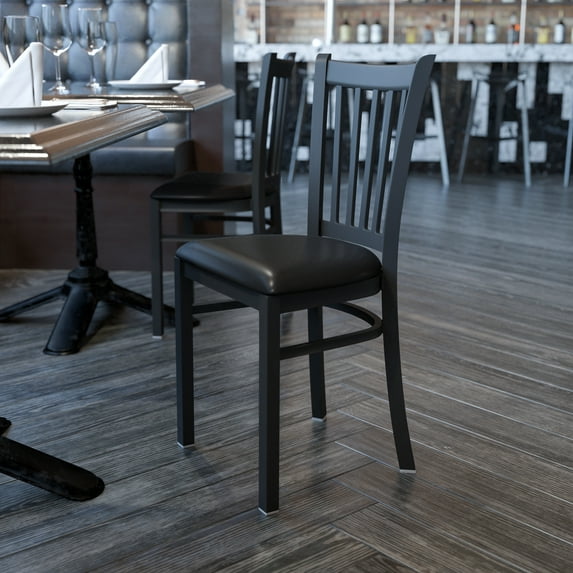 Emma + Oliver Black Vertical Back Metal Restaurant Chair - Black Vinyl Seat
