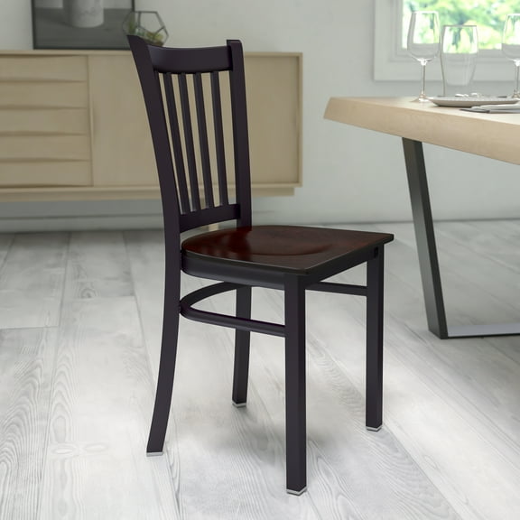 Emma + Oliver Black Vertical Back Metal Restaurant Chair - Walnut Wood Seat
