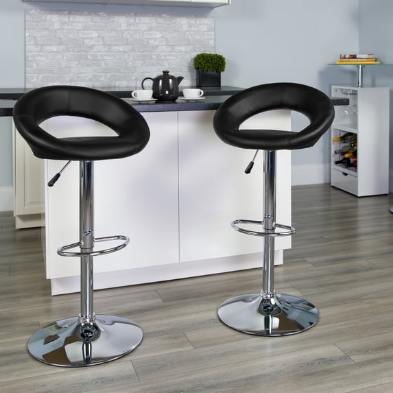 Emma + Oliver Black Vinyl Rounded Back Adjustable Height Barstool,Chrome Base