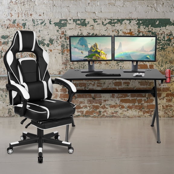 Emma + Oliver Black/White Gaming Desk Set - Cup/Headset Holder/Reclining & Footrest