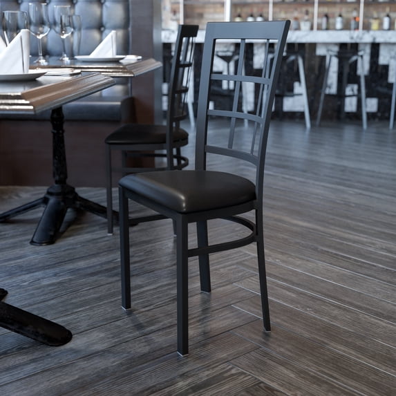 Emma + Oliver Black Window Back Metal Restaurant Chair - Black Vinyl Seat