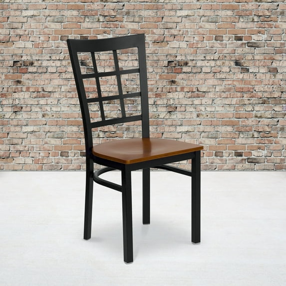 Emma + Oliver Black Window Back Metal Restaurant Chair - Cherry Wood Seat
