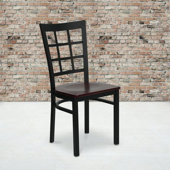 Emma + Oliver Black Window Back Metal Restaurant Chair - Mahogany Wood Seat
