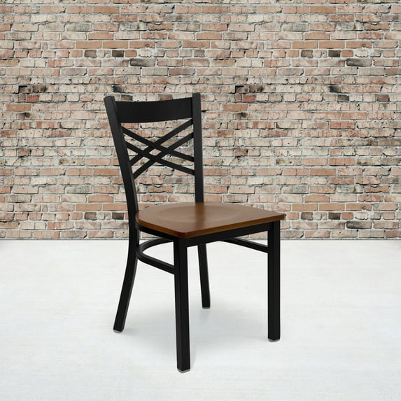 Emma + Oliver Black "X" Back Metal Restaurant Chair - Cherry Wood Seat