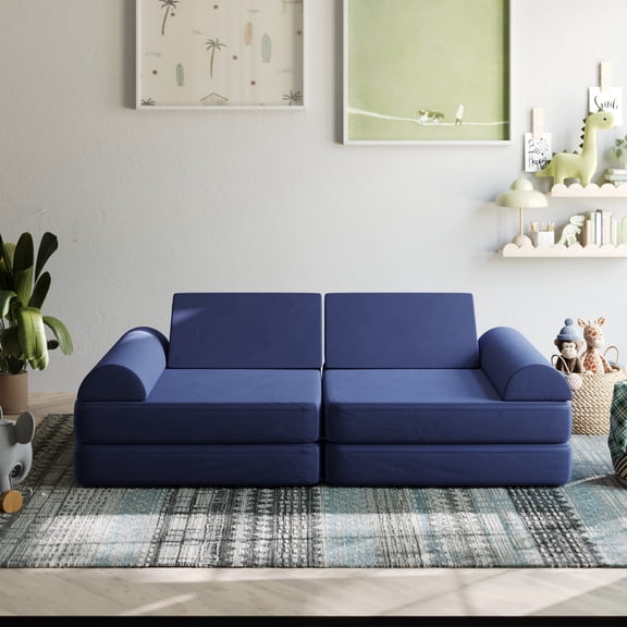 Emma + Oliver Blue 56 in. Modular Play Couch for Kids with Convertible 6-Piece Design and Soft Foam Cushions