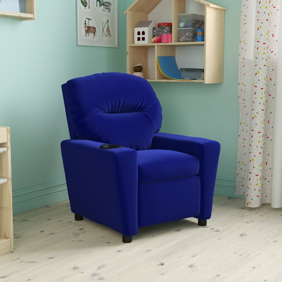 Emma + Oliver Blue Microfiber Kids Recliner with Cup Holder