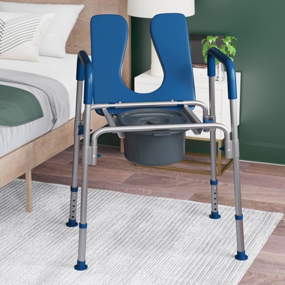 Emma + Oliver Blue Shower Commode Chair with Safety Rail, Height Adjustable Frame, Padded Seat & Armrests, Removable Pail with Lid, Fits Most Toilets