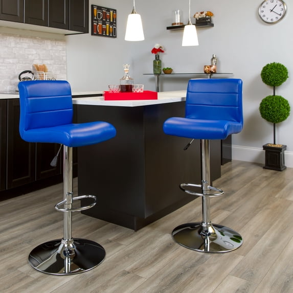 Emma + Oliver Blue Vinyl Adjustable Height Barstool with Rolled Seat