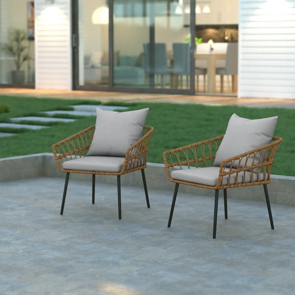 Emma + Oliver Boho Rattan Rope Open Weave Patio Chairs with Cushions, Natural/Gray (Set of 2)