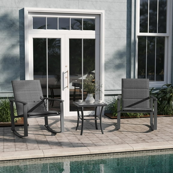 Emma + Oliver Braelin 3 Piece Outdoor Rocking Chair Patio Set with Flex Comfort Material and Steel Framed Glass Top Table, Black/Black