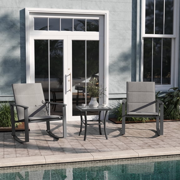 Emma + Oliver Braelin 3 Piece Outdoor Rocking Chair Patio Set with Flex Comfort Material and Steel Framed Glass Top Table, Gray/Black