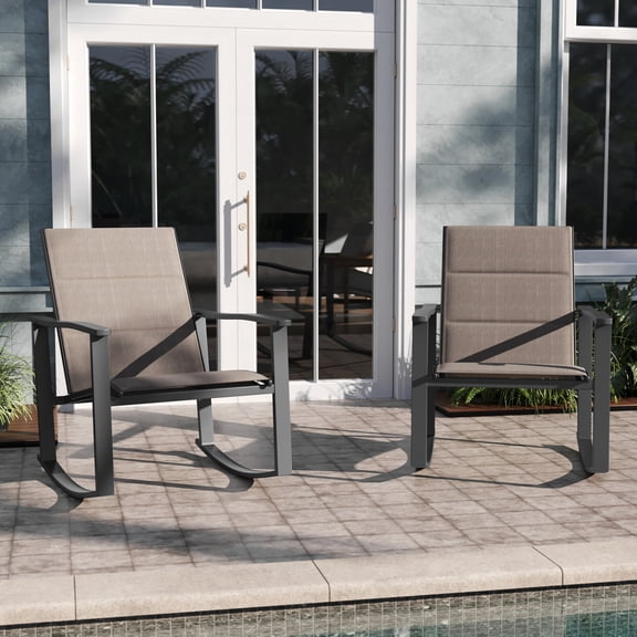 Emma + Oliver Braelin Set of 2 Brown Outdoor Rocking Chairs with Flex Comfort Material and Black Steel Frames