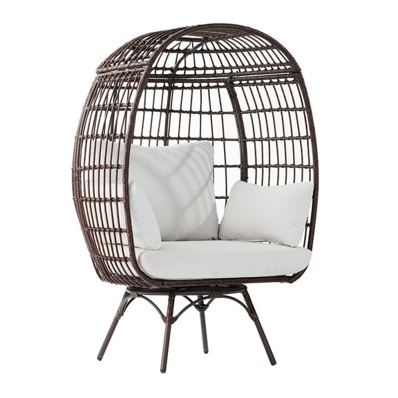 Emma + Oliver Brown/Cream Indoor/Outdoor Oversized Swivel Lounge Egg Chair with Wicker Rattan Construction and 4 Cushions for Patio, Sunroom, or Deck